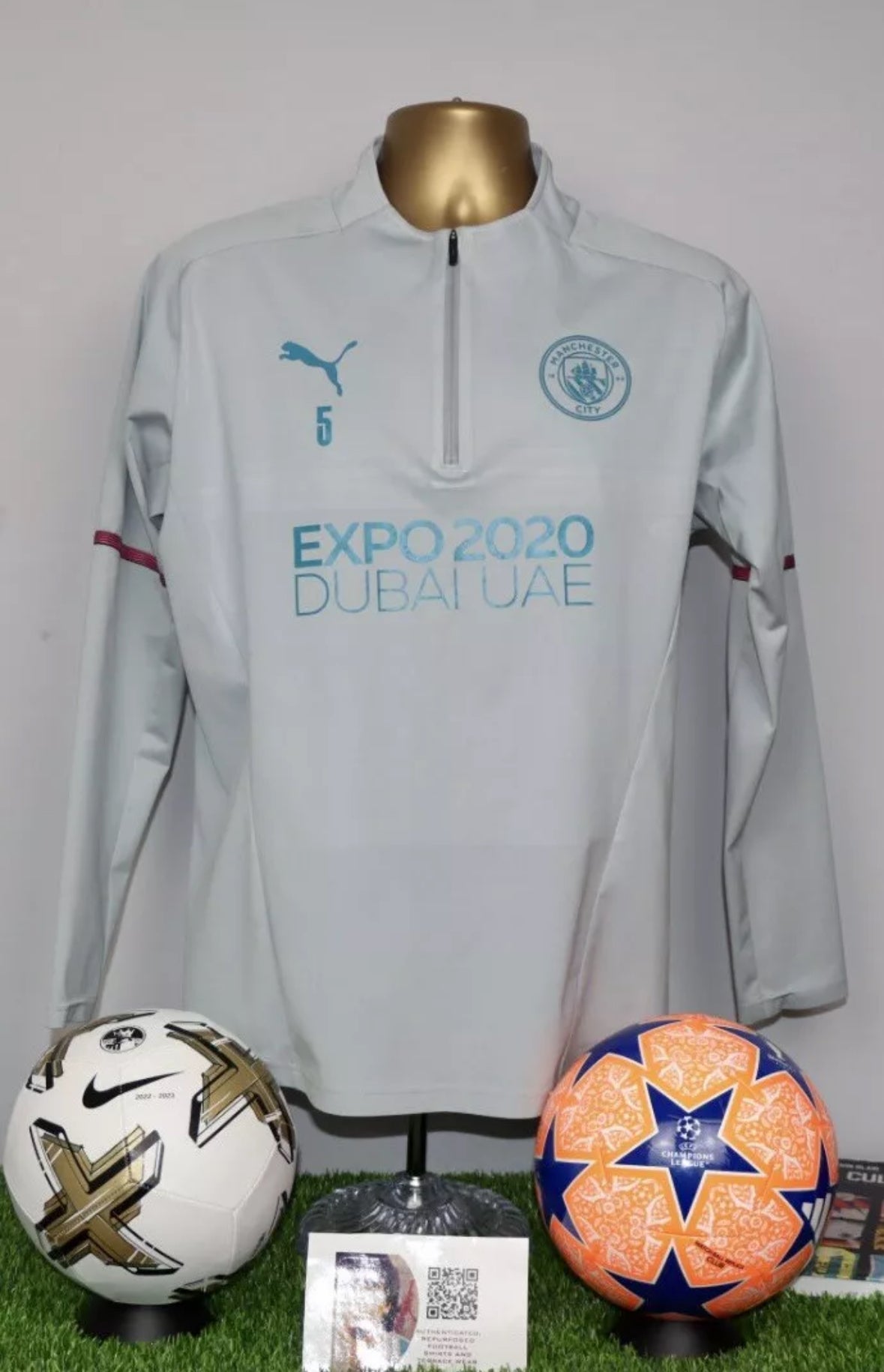 STONES 5 2021-22 Dubai Expo Manchester City Player Worn 1/4 Zip TrainingTop